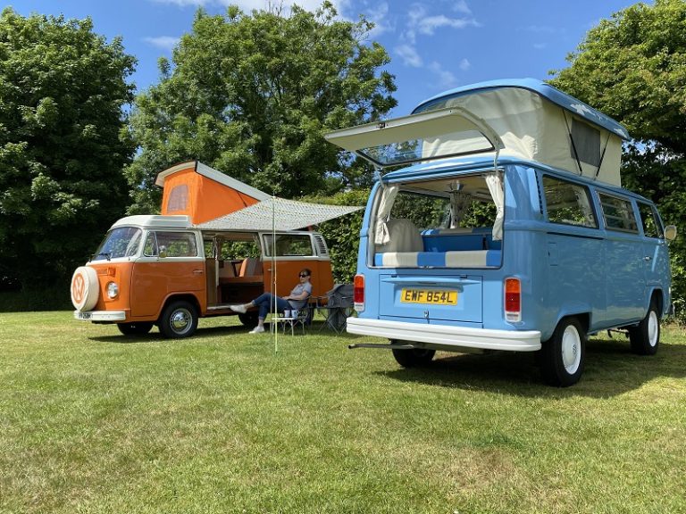VW Camper Bob and Campo on a campsite in Devon lower res 768x576